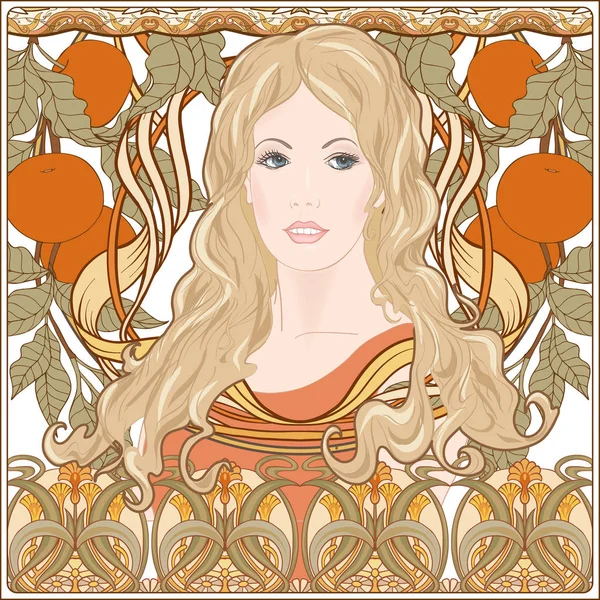 Retrato Una Mujer Con Pelo Largo Marco Floral Estilo Art — Vector de stock