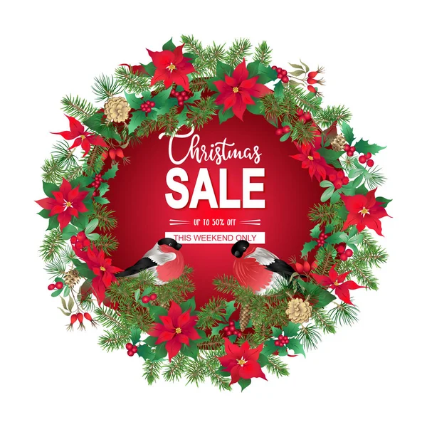 Christmas Sale Poster Card Banner Christmas Wreath Spruce Pointezii Bullfinches — Stock Vector