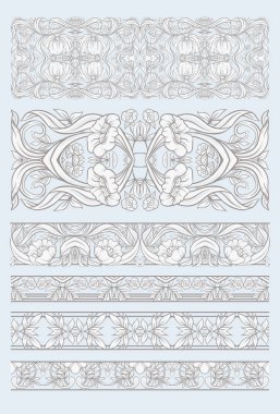 Çiçek desenli art nouveau tarzında, vintage, eski, retro tarzı. Tasarım için dekoratif öğeler kümesi. Renkli vektör çizim. Vintage mavi ve bej renklerini