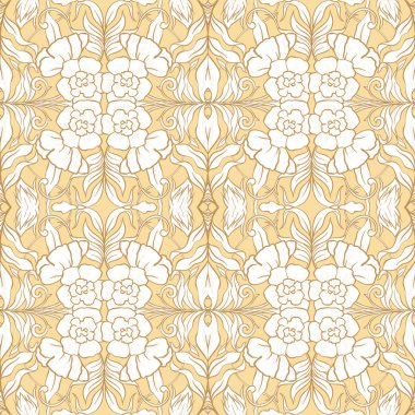  Dikişsiz desen, kuşlar art nouveau tarzında, vintage, eski, retro tarzı ile çiçek desenli arka plan. Renkli vektör çizim. Yumuşak sarı renklerde