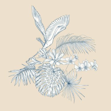 Tropikal bitki kompozisyonu, palmiye yaprakları, canavarlar ve botanik tarzında beyaz heron ile beyaz orkide. Grafik çizim, gravür tarzı. vektör çizim. Vintage mavi ve bej renklerini.