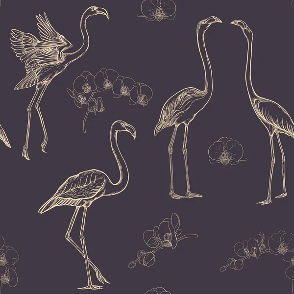 Nahtloses Muster Hintergrund Mit Tropischen Vögeln Flamingo Und Orchideenblume Vektorillustration — Stockvektor