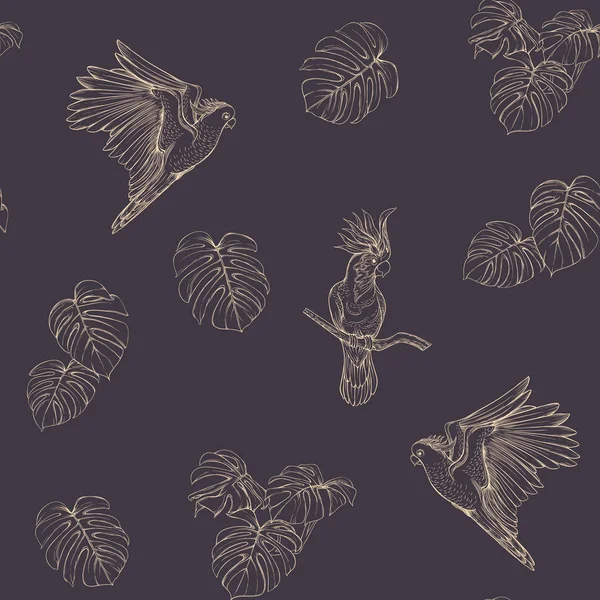 无缝的图案 背景与热带鸟类 向量例证 图形绘图 雕刻样式 向量例证 — 图库矢量图片