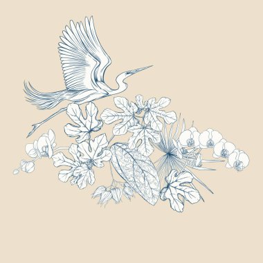 Tropikal bitki kompozisyonu, palmiye yaprakları, canavarlar ve botanik tarzında beyaz heron ile beyaz orkide. Grafik çizim, gravür tarzı. vektör çizim. Vintage mavi ve bej renklerini.