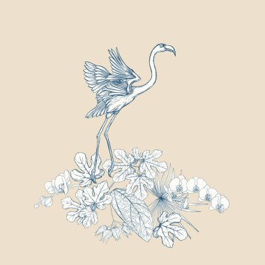 Tropikal bitki kompozisyonu, palmiye yaprakları, canavarlar ve flamingo botanik tarzı ile beyaz orkide. Grafik çizim, gravür tarzı. vektör çizim. Vintage mavi ve bej renklerini.