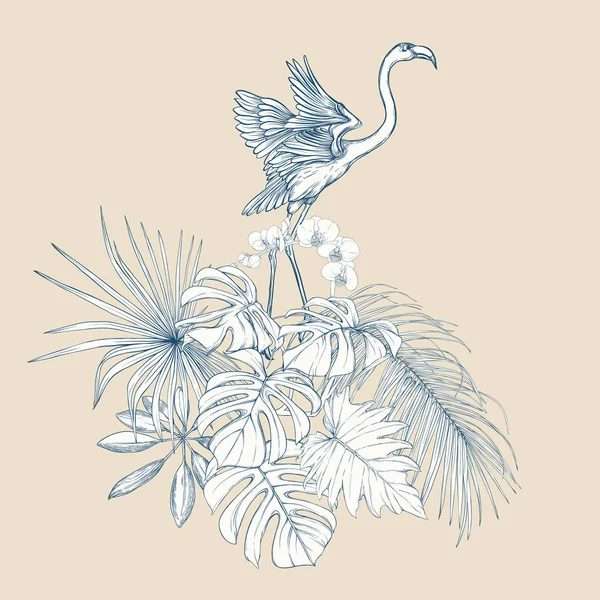 Композиція Тропічних Рослин Пальмового Листя Монстрів Білих Орхідей Фламінго Ботанічному — стоковий вектор