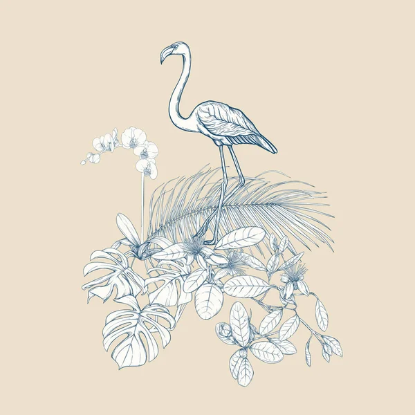 Kompozycja Tropikalnych Roślin Liści Palmowych Potwory Białe Storczyki Flamingo Stylu — Wektor stockowy
