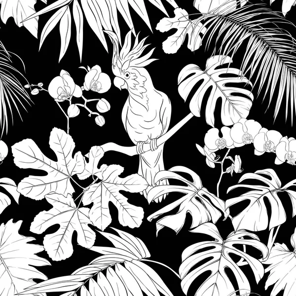 シームレスなパターン 熱帯植物と花白蘭と熱帯の鳥 白黒のグラフィックス ベクトル図 — ストックベクタ