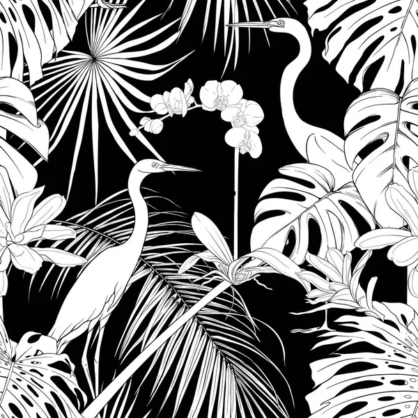 シームレスなパターン 熱帯植物と花白蘭と熱帯の鳥 白黒のグラフィックス ベクトル図 — ストックベクタ