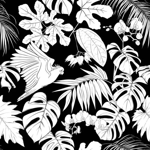 Modèle Sans Couture Fond Avec Des Plantes Tropicales Des Fleurs — Image vectorielle