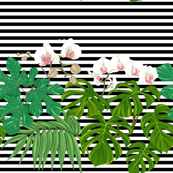 热带植物和白色兰花 无缝模式 彩色矢量插图 无梯度和透明度 背景为黑白条纹 — 图库矢量图片