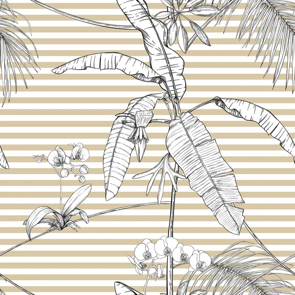Tropik Bitkiler Beyaz Orkide Çiçekler Dikişsiz Desen Arka Plan Grafik — Stok Vektör