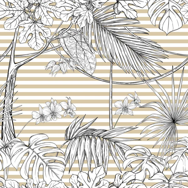 熱帯の植物や白蘭の花 シームレスなパターン グラフィックの描画 彫刻スタイル ベクトル イラスト ベージュと白のストライプの背景に — ストックベクタ