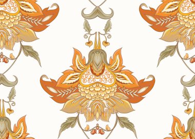 Seamless pattern with stylized ornamental flowers in retro, vintage style. Jacobin embroidery. Colored vector illustration In soft orange and green colors clipart