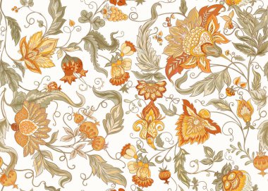 Retro, vintage tarzı stilize süs çiçekleri ile Seamless modeli. Jacobin nakış. Renkli vektör çizim yumuşak turuncu ve yeşil renklerde