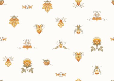 Retro, vintage tarzı stilize süs çiçekleri ile Seamless modeli. Jacobin nakış. Renkli vektör çizim yumuşak turuncu ve yeşil renklerde