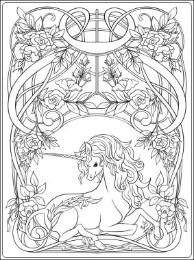 Tek boynuzlu at ve harika vintage çerçeve ve çiçekler. Vektör çizim. Art nouveau tarzında, vintage, eski, retro tarzı. Anahat el çizimi. Sayfa için yetişkin renklendirme kitap boyama için iyi.