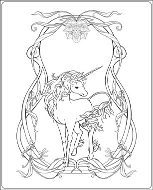 Tek boynuzlu at ve harika vintage çerçeve ve çiçekler. Vektör çizim. Art nouveau tarzında, vintage, eski, retro tarzı. Anahat el çizimi. Sayfa için yetişkin renklendirme kitap boyama için iyi.