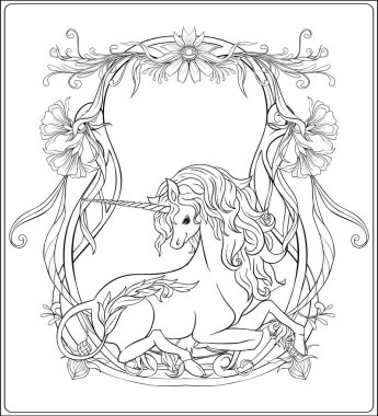 Tek boynuzlu at ve harika vintage çerçeve ve çiçekler. Vektör çizim. Art nouveau tarzında, vintage, eski, retro tarzı. Anahat el çizimi. Sayfa için yetişkin renklendirme kitap boyama için iyi.