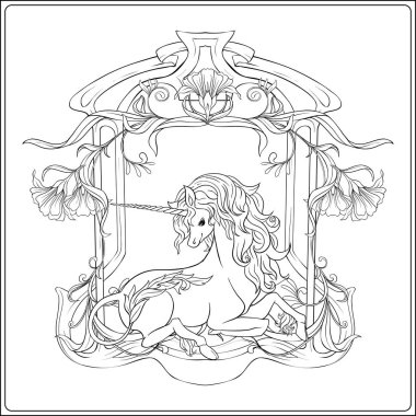 Tek boynuzlu at ve harika vintage çerçeve ve çiçekler. Vektör çizim. Art nouveau tarzında, vintage, eski, retro tarzı. Anahat el çizimi. Sayfa için yetişkin renklendirme kitap boyama için iyi.