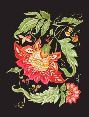 Retro, vintage tarzı stilize süs çiçek. Jacobin nakış. Renkli vektör çizim. Siyah arka plan üzerine izole.