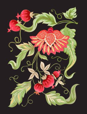 Retro, vintage tarzı stilize süs çiçek. Jacobin nakış. Renkli vektör çizim. Siyah arka plan üzerine izole.