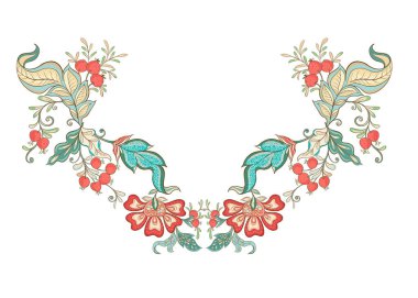 Çiçek dekoratif öğeler jacobean nakış tarzında fantastik çiçek desenli, vintage, eski, retro tarzı. Nakış kullanma boyun hattı için aferin. Vektör çizim.