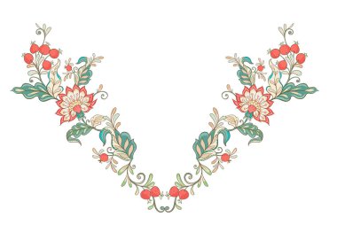 Çiçek dekoratif öğeler jacobean nakış tarzında fantastik çiçek desenli, vintage, eski, retro tarzı. Nakış kullanma boyun hattı için aferin. Vektör çizim.