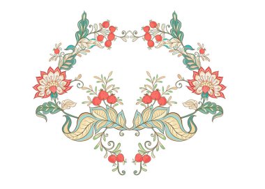 Çiçek dekoratif öğeler jacobean nakış tarzında fantastik çiçek desenli, vintage, eski, retro tarzı. Nakış kullanma boyun hattı için aferin. Vektör çizim.