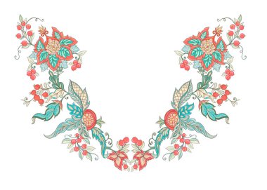 Çiçek dekoratif öğeler jacobean nakış tarzında fantastik çiçek desenli, vintage, eski, retro tarzı. Nakış kullanma boyun hattı için aferin. Vektör çizim.