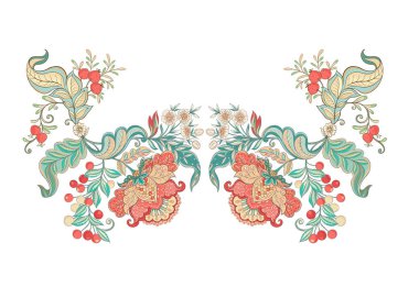 Çiçek dekoratif öğeler jacobean nakış tarzında fantastik çiçek desenli, vintage, eski, retro tarzı. Nakış kullanma boyun hattı için aferin. Vektör çizim.