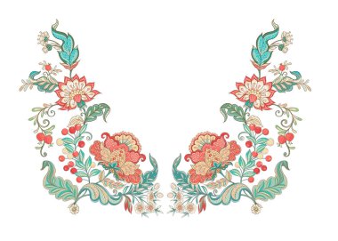 Çiçek dekoratif öğeler jacobean nakış tarzında fantastik çiçek desenli, vintage, eski, retro tarzı. Nakış kullanma boyun hattı için aferin. Vektör çizim.