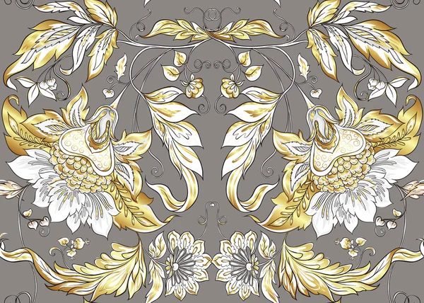 Seamless Pattern Stylized Ornamental Flowers Retro Vintage Style Jacobin Embroidery — Stock Vector