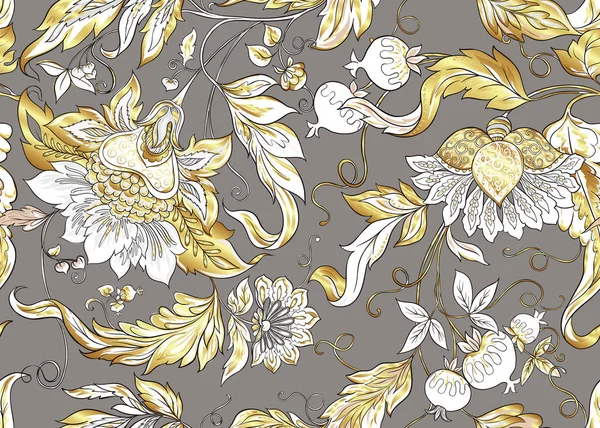 レトロ ビンテージ スタイルの様式化された装飾用の花とのシームレスなパターン ジャコバン派の刺繍 ゴールドとグレーの色 デザインの概要を説明します ベクトル図 — ストックベクタ