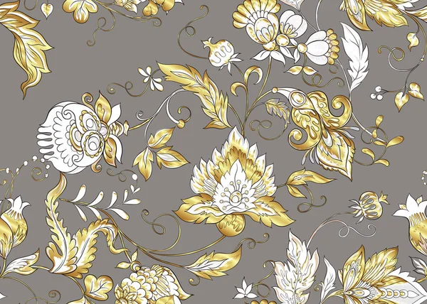 无缝图案与风格化的装饰花在复古 复古风格 雅格布宾刺绣 在金色和灰色的颜色 彩色和轮廓设计 向量例证 — 图库矢量图片