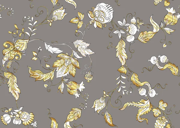 レトロ ビンテージ スタイルの様式化された装飾用の花とのシームレスなパターン ジャコバン派の刺繍 ゴールドとグレーの色 デザインの概要を説明します ベクトル図 — ストックベクタ