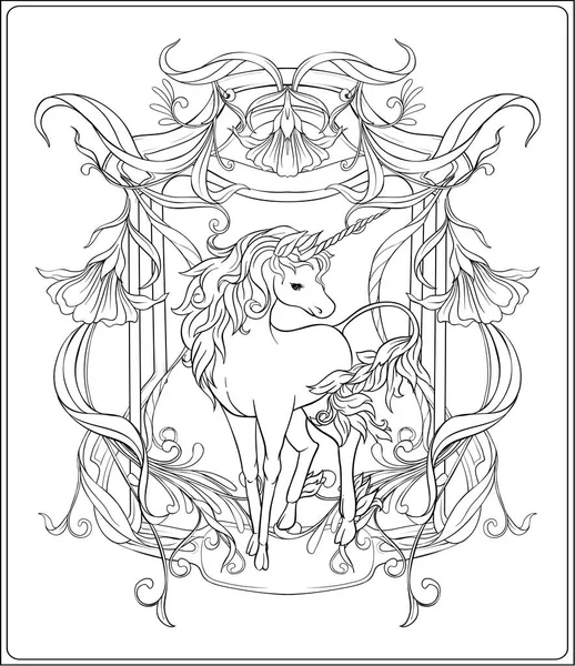 Unicorn Och Fantastisk Vintage Ram Och Blommor Vektorillustration Art Nouveau — Stock vektor