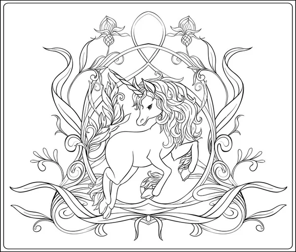 Unicorn Fantastic Vintage Frame Flowers Vector Illustration Art Nouveau Style — Stock Vector