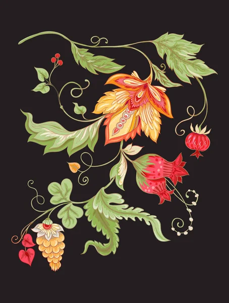 Flores Ornamentales Estilizadas Estilo Retro Vintage Bordado Jacobino Ilustración Vectorial — Archivo Imágenes Vectoriales