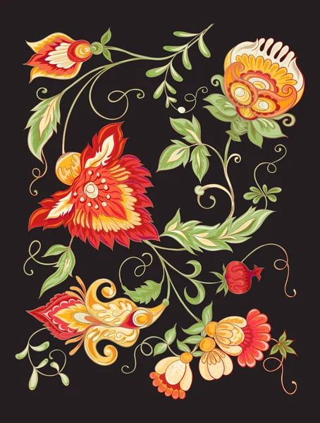 Fleurs Ornementales Stylisées Dans Style Rétro Vintage Broderie Jacobine Illustration — Image vectorielle