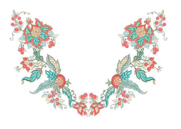 Çiçek dekoratif öğeler jacobean nakış tarzında fantastik çiçek desenli, vintage, eski, retro tarzı. Nakış kullanma boyun hattı için aferin. Vektör çizim.