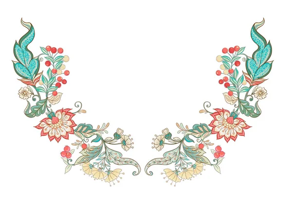 Çiçek dekoratif öğeler jacobean nakış tarzında fantastik çiçek desenli, vintage, eski, retro tarzı. Nakış kullanma boyun hattı için aferin. Vektör çizim.