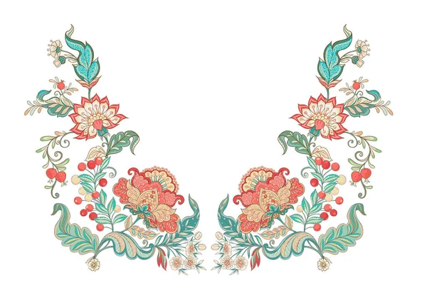 Çiçek dekoratif öğeler jacobean nakış tarzında fantastik çiçek desenli, vintage, eski, retro tarzı. Nakış kullanma boyun hattı için aferin. Vektör çizim.