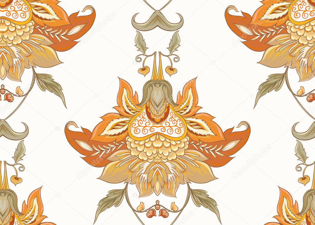 Seamless pattern with stylized ornamental flowers in retro, vintage style. Jacobin embroidery. Colored vector illustration In soft orange and green colors