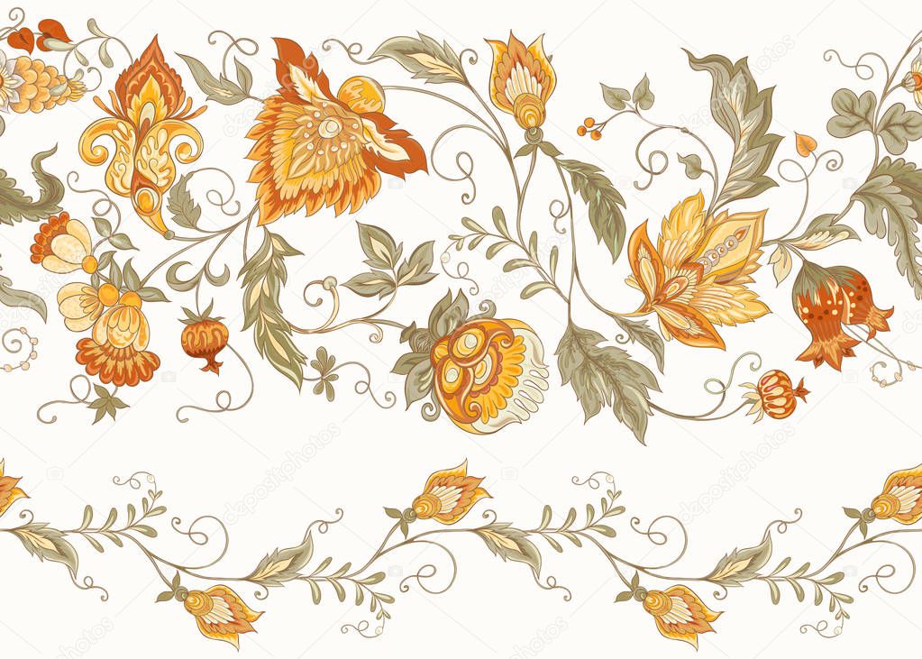 Seamless pattern with stylized ornamental flowers in retro, vintage style. Jacobin embroidery. Colored vector illustration In soft orange and green colors