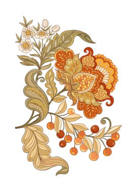 Çiçek dekoratif öğeler jacobean nakış tarzında fantastik çiçek desenli, vintage, eski, retro tarzı. Beyaz arka plan üzerinde izole. Vektör çizim.