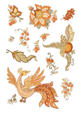 Çiçek dekoratif öğeler jacobean nakış tarzı, kuş ile fantezi çiçek desenli, vintage, eski, retro tarzı. Beyaz arka plan üzerinde izole. Vektör çizim.