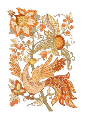 Çiçek dekoratif öğeler jacobean nakış tarzı, kuş ile fantezi çiçek desenli, vintage, eski, retro tarzı. Beyaz arka plan üzerinde izole. Vektör çizim.