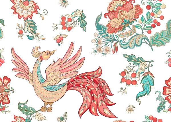 Fantaisie Motif Floral Sans Couture Avec Oiseau Dans Style Broderie — Image vectorielle