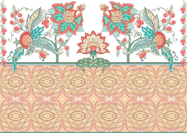 ファンタジー ジャコビアン刺繍スタイル ビンテージ レトロ 古いスタイルの花柄シームレス パターン 柔らかいサンゴとターコイズ色分離された白い背景の上のベクトル図 — ストックベクタ